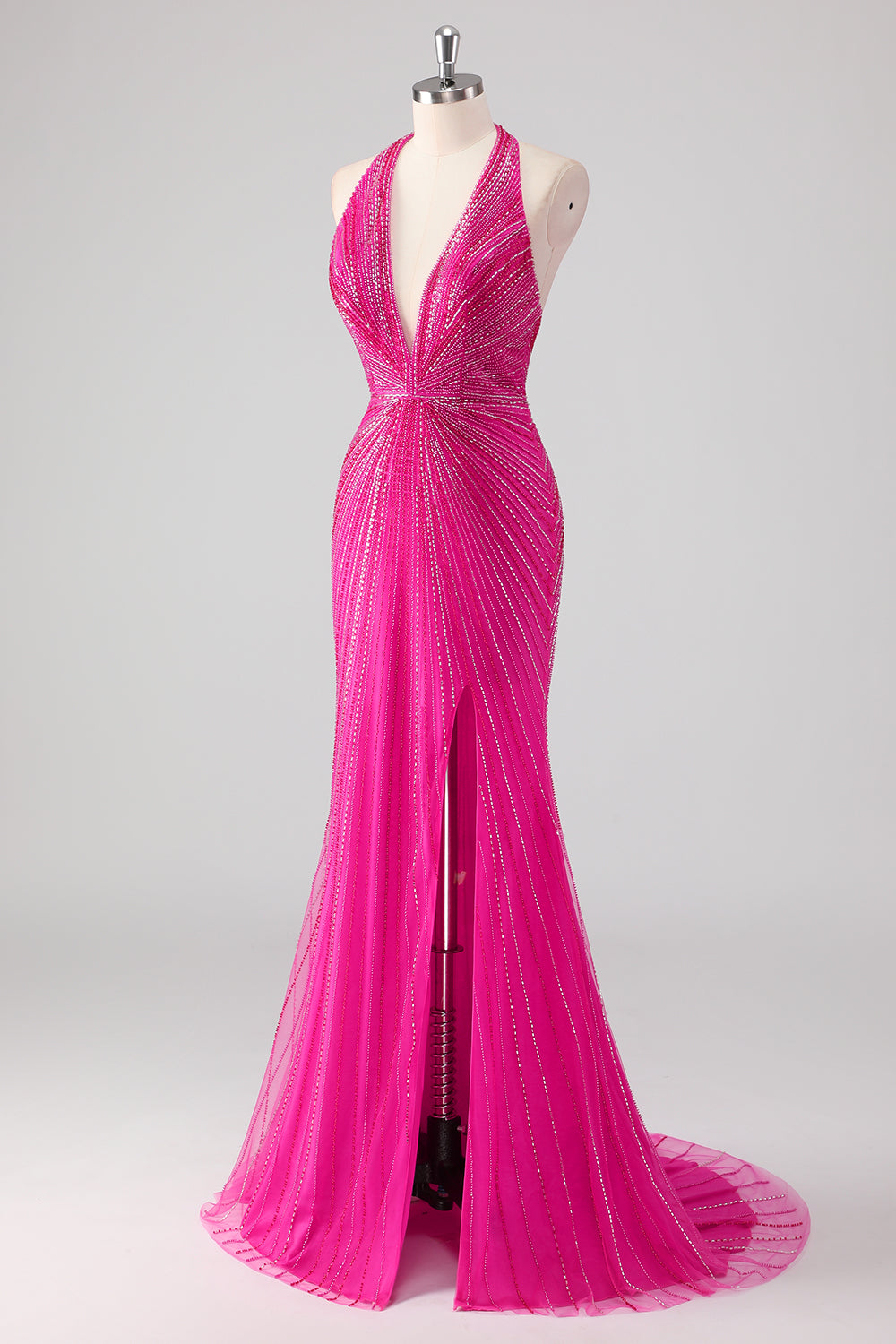Sparkly Fuchsia Mermaid Halter Beaded Long Formal Dress with Slit