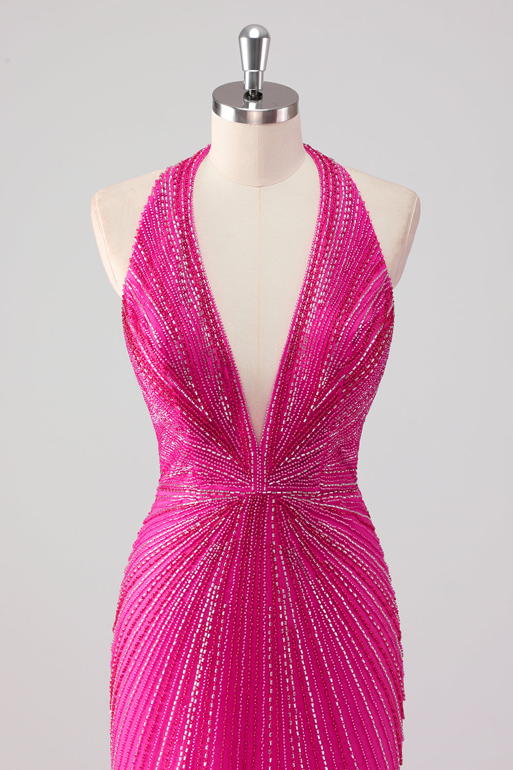 Sparkly Fuchsia Mermaid Halter Beaded Long Formal Dress with Slit