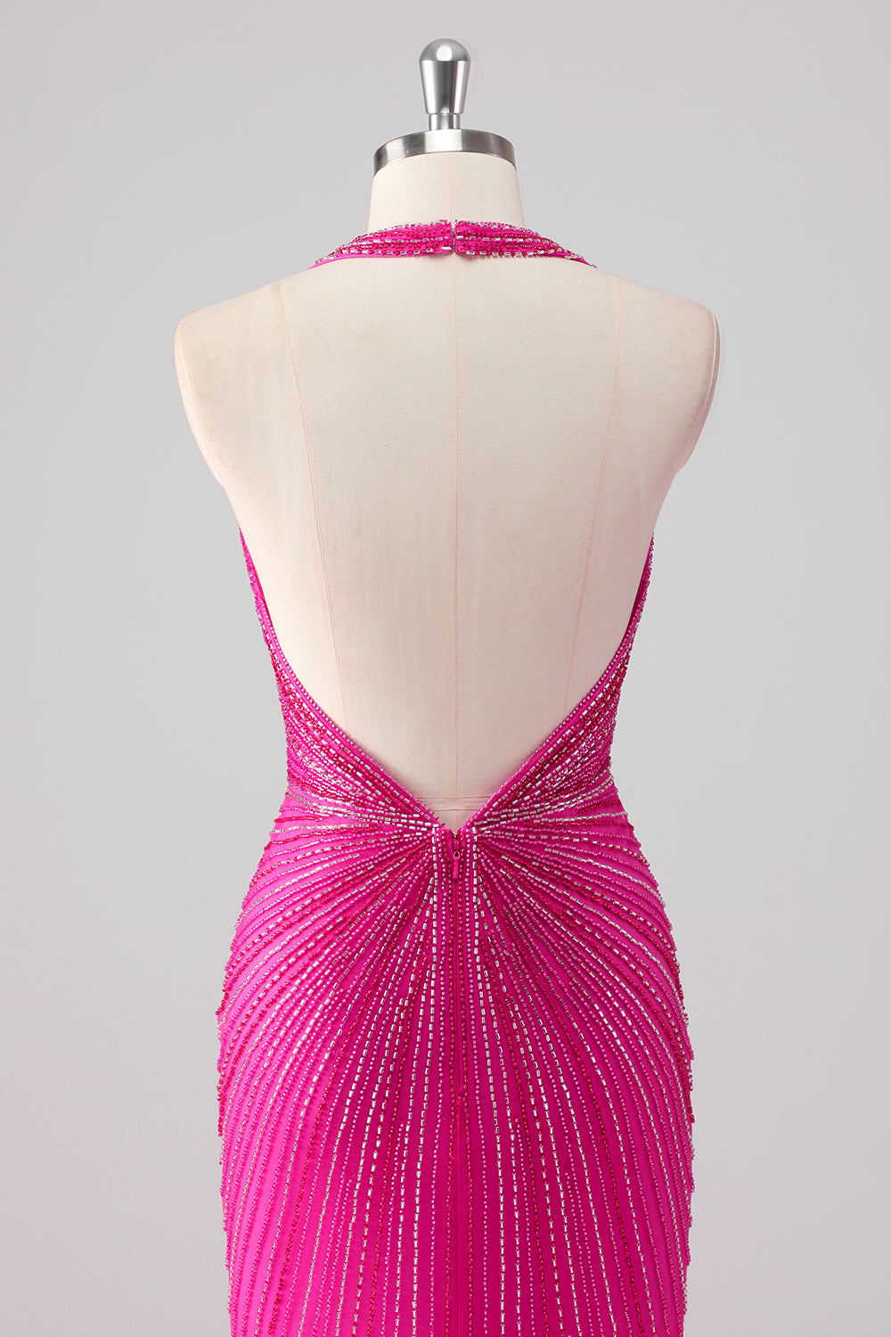 Sparkly Fuchsia Mermaid Halter Beaded Long Formal Dress with Slit