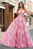 Blush Floral A Line Spaghetti Straps Pleated Corset Formal Dress