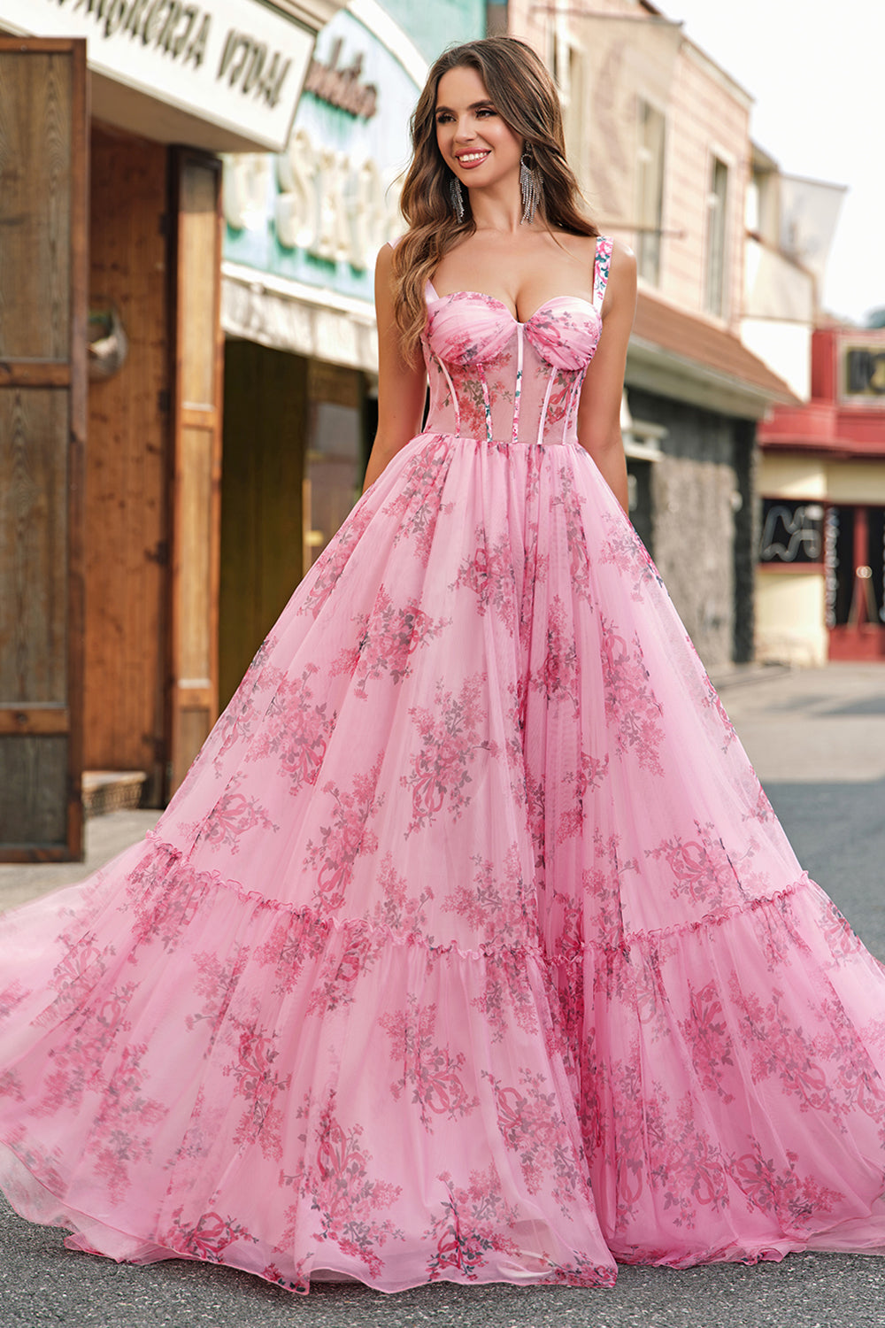 Blush Floral A Line Spaghetti Straps Pleated Corset Formal Dress