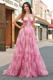 Blush Floral A Line Spaghetti Straps Pleated Corset Formal Dress