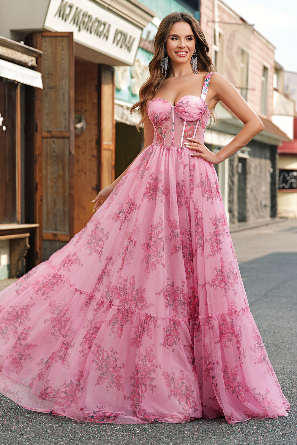 Blush Floral A Line Spaghetti Straps Pleated Corset Formal Dress