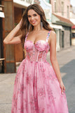 Blush Floral A Line Spaghetti Straps Pleated Corset Formal Dress