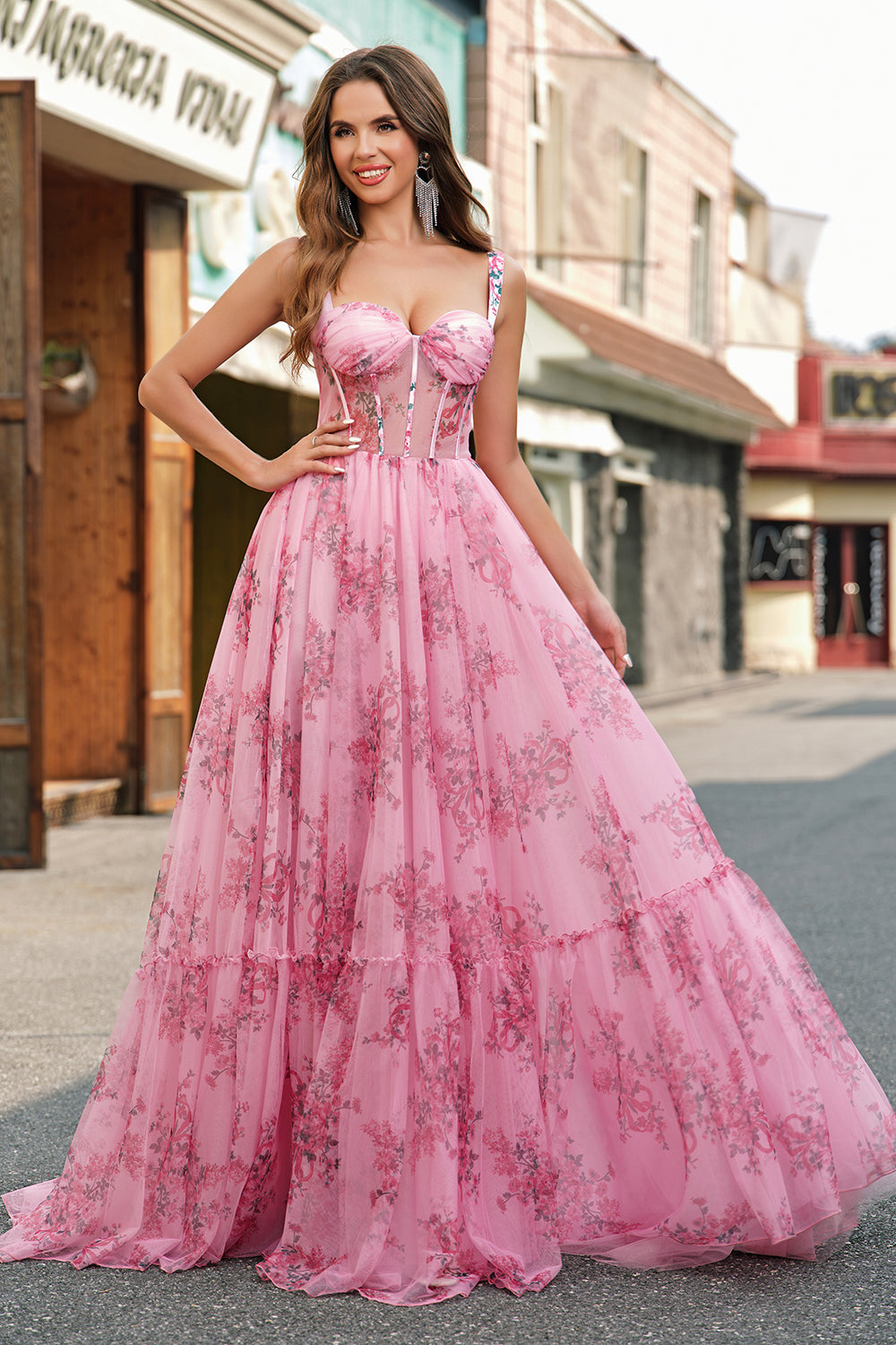 Blush Floral A Line Spaghetti Straps Pleated Corset Formal Dress