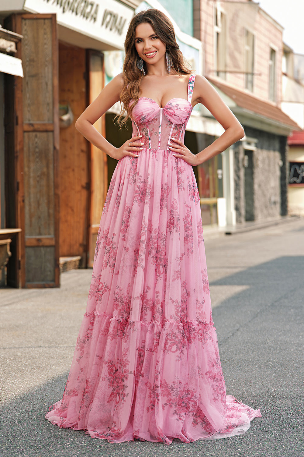 Blush Floral A Line Spaghetti Straps Pleated Corset Formal Dress
