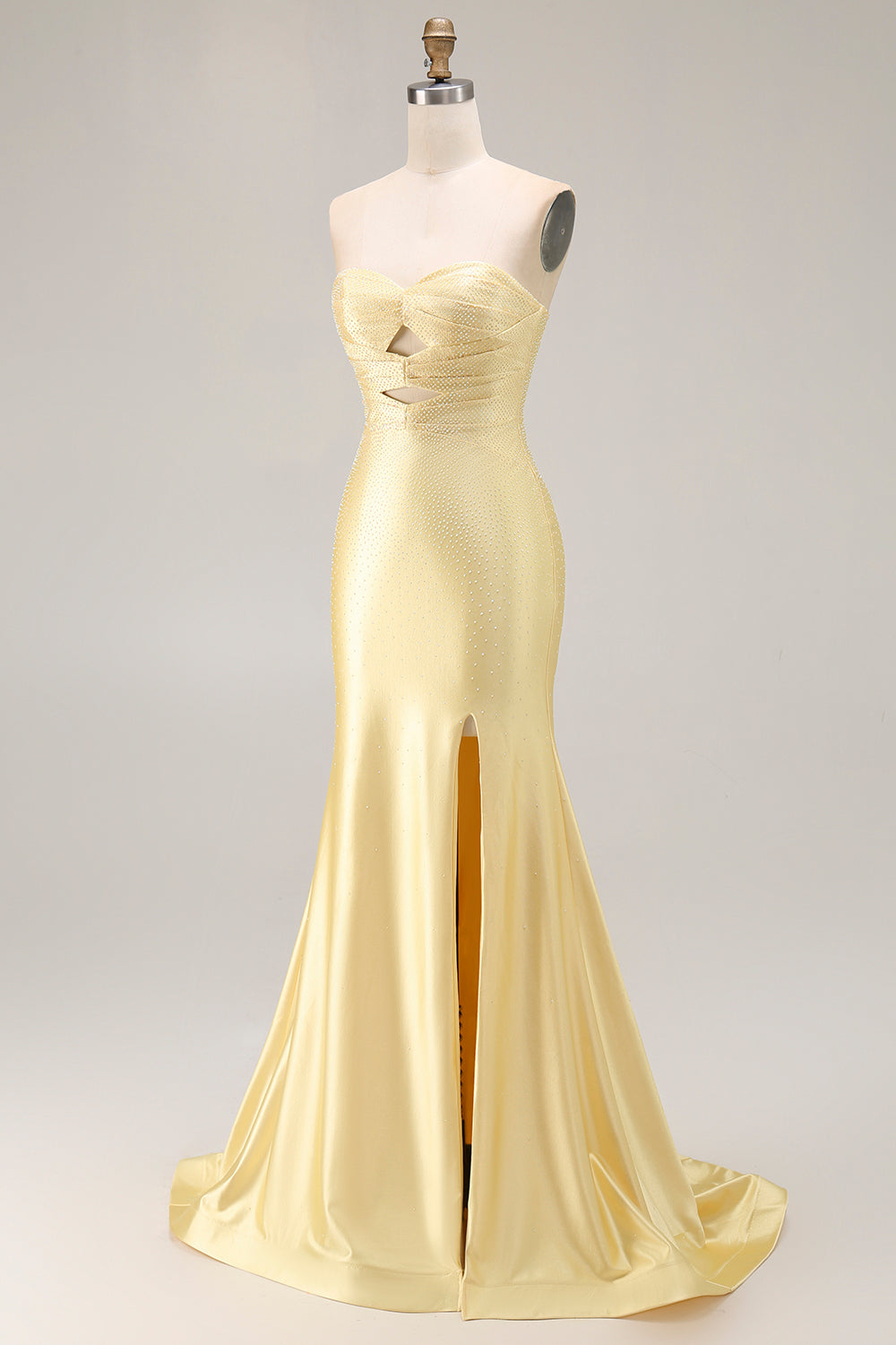 Yellow Mermaid Strapless Beaded Cut-Out Long Prom Dress With Slit
