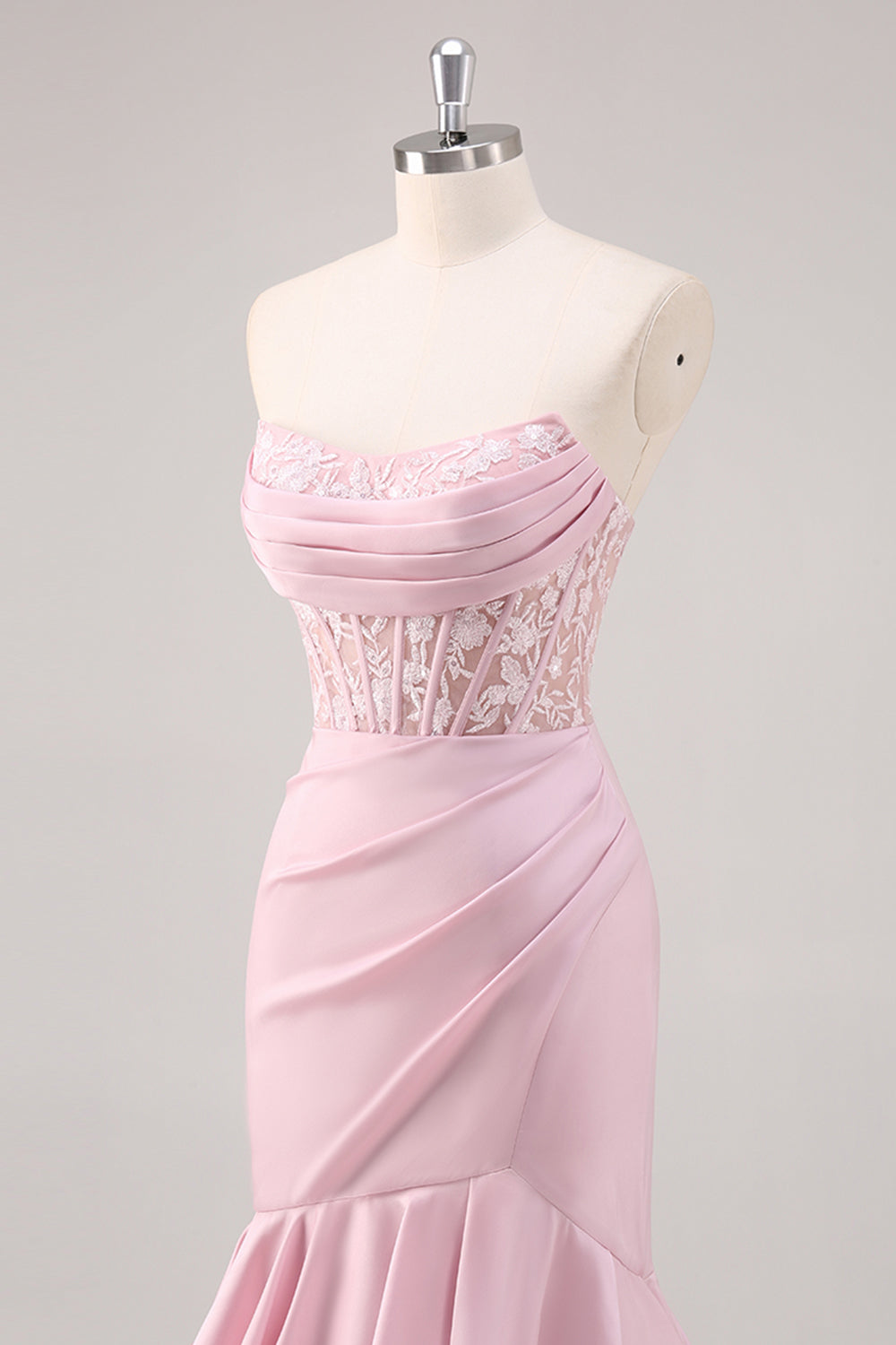 Blush Mermaid Strapless Corset Tiered Long Formal Dress with Slit