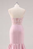Blush Mermaid Strapless Corset Tiered Long Formal Dress with Slit