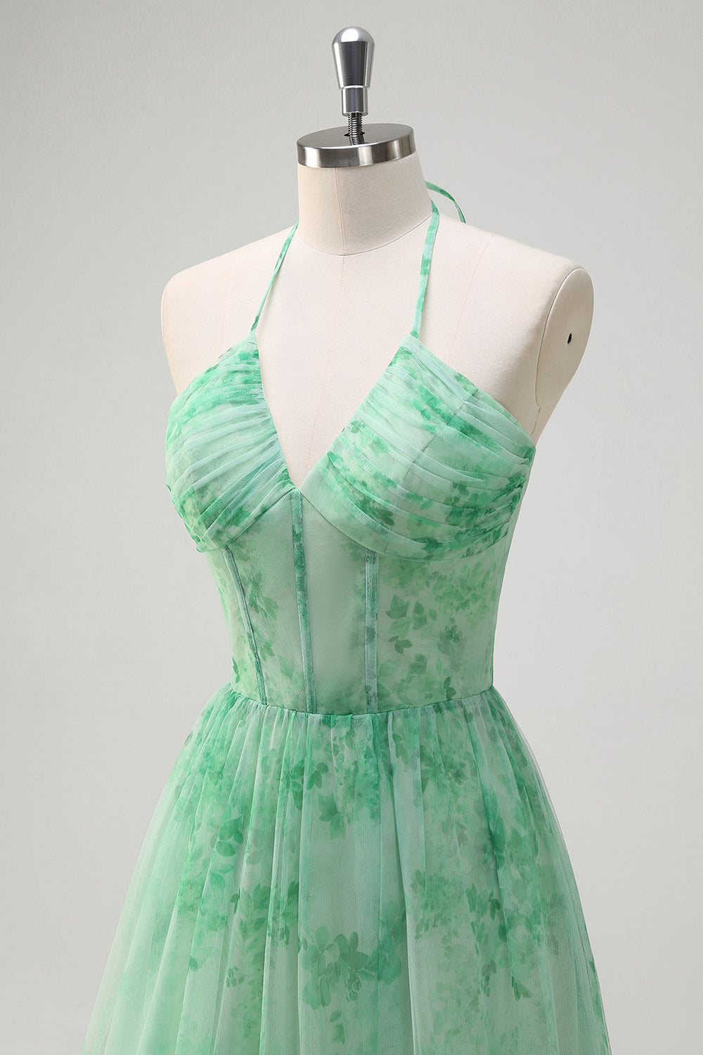 Green A-Line Halter Floral Corset Ruffles Long Formal Dress with Slit