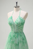 Green A-Line Halter Floral Corset Ruffles Long Formal Dress with Slit