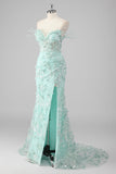 Green Sheath Sweetheart Corset Appliqued Long Formal Dress with Slit