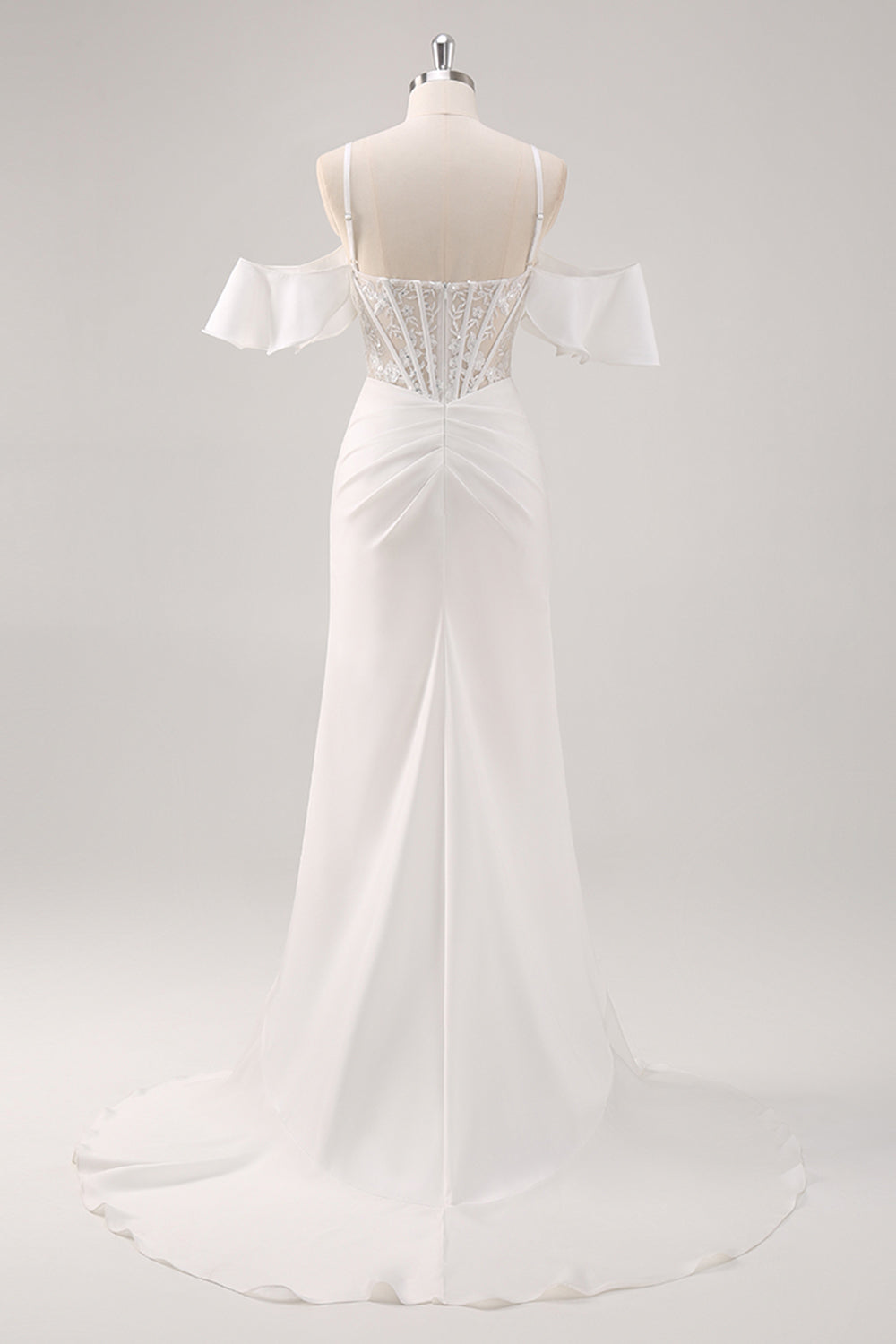 White Mermaid Cold Shoulder Corset Long Formal Dress with Slit