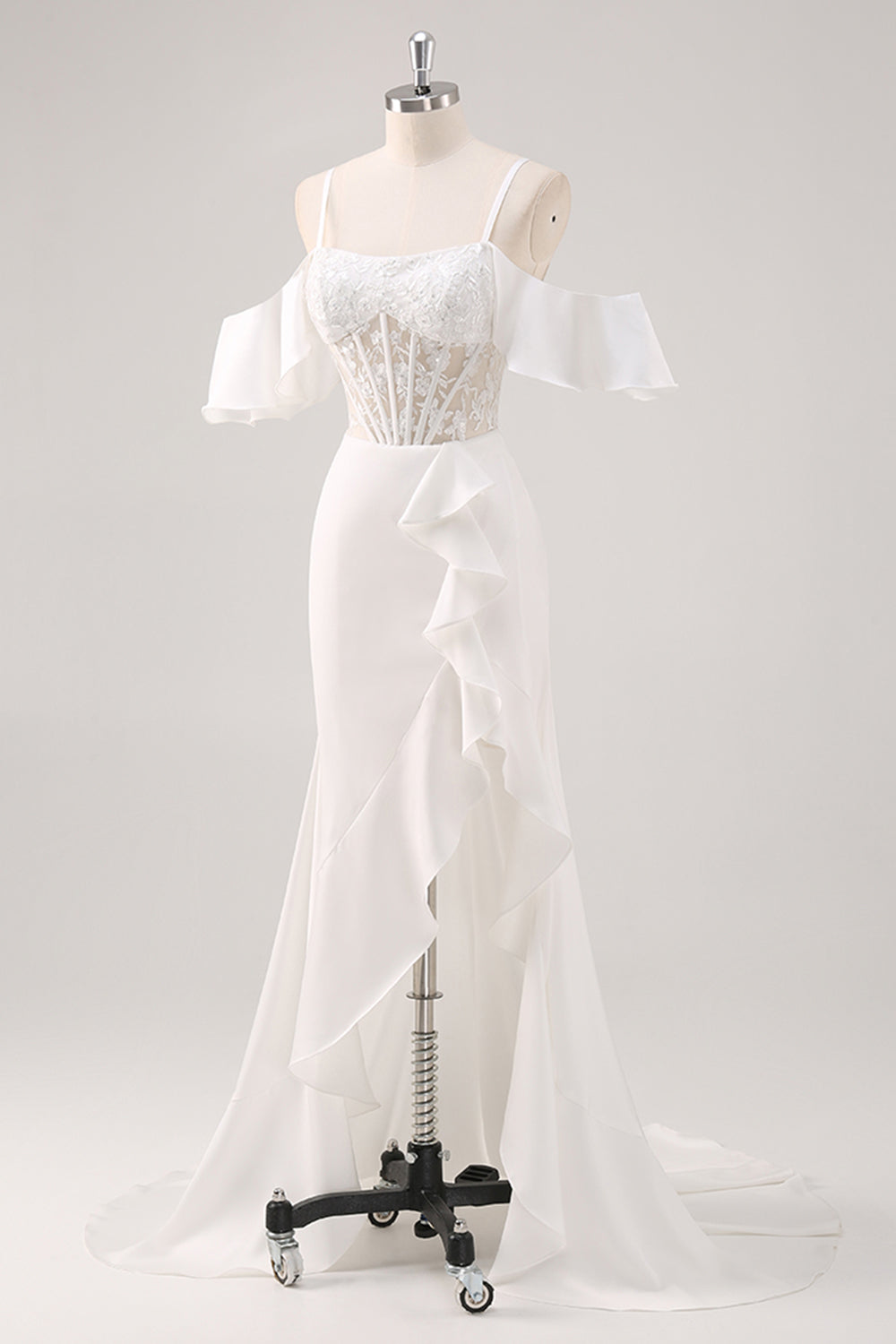 White Mermaid Cold Shoulder Corset Long Formal Dress with Slit