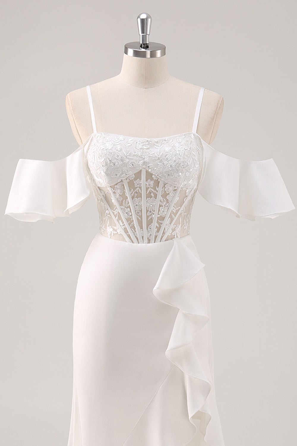 White Mermaid Cold Shoulder Corset Long Formal Dress with Slit