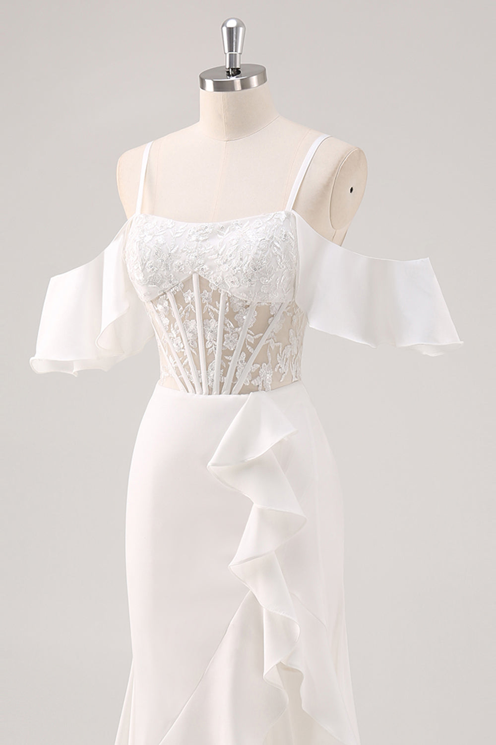 White Mermaid Cold Shoulder Corset Long Formal Dress with Slit