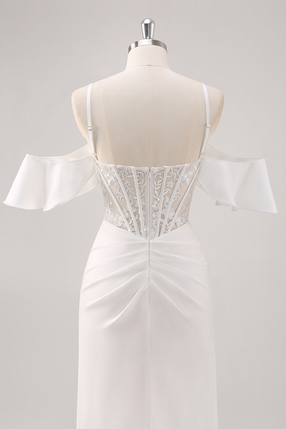 White Mermaid Cold Shoulder Corset Long Formal Dress with Slit