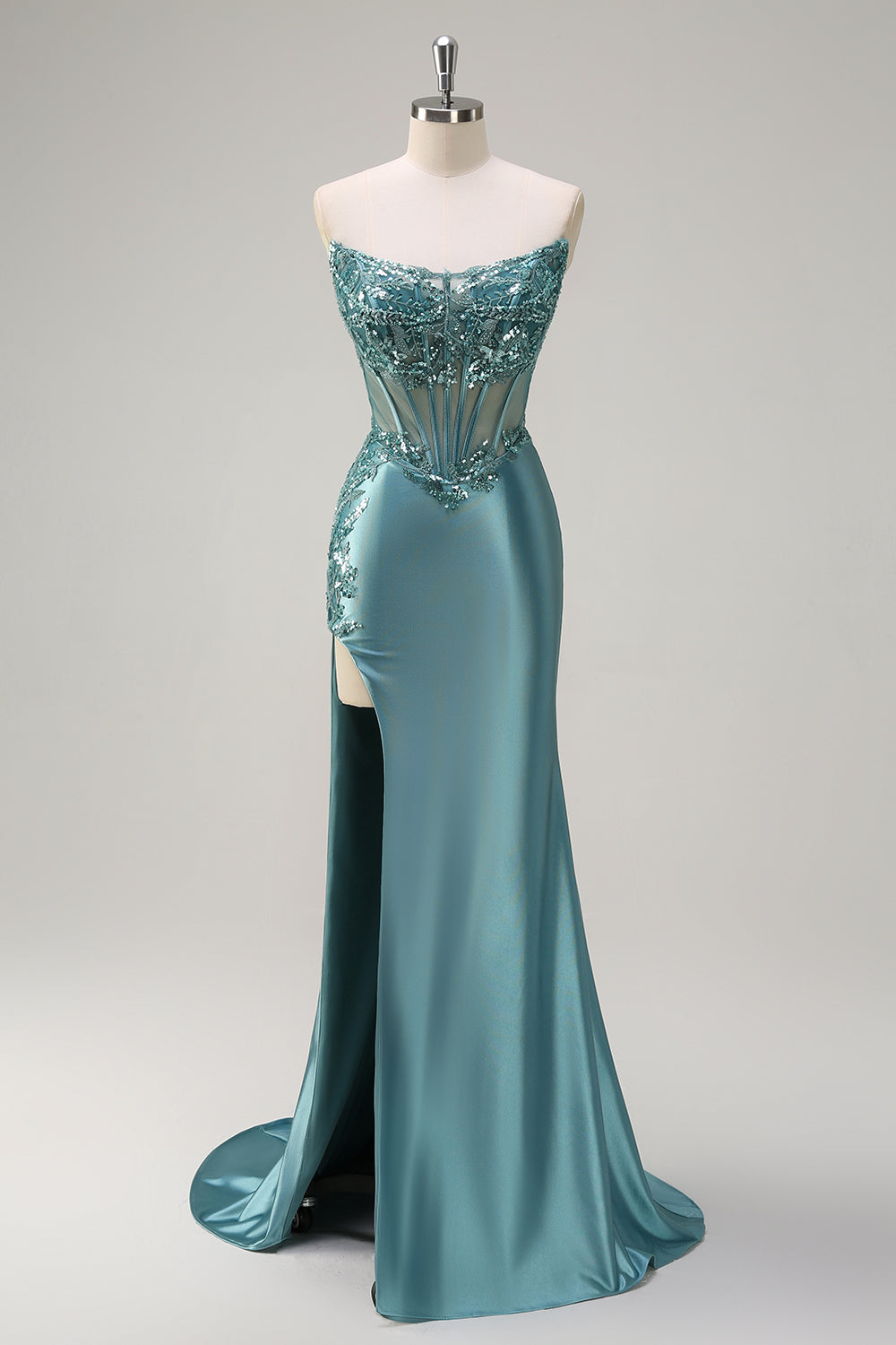 Sparkly Grey Green Mermaid Strapless Sheer Corset Satin Long Formal Dress with Slit