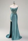 Sparkly Grey Green Mermaid Strapless Sheer Corset Satin Long Formal Dress with Slit