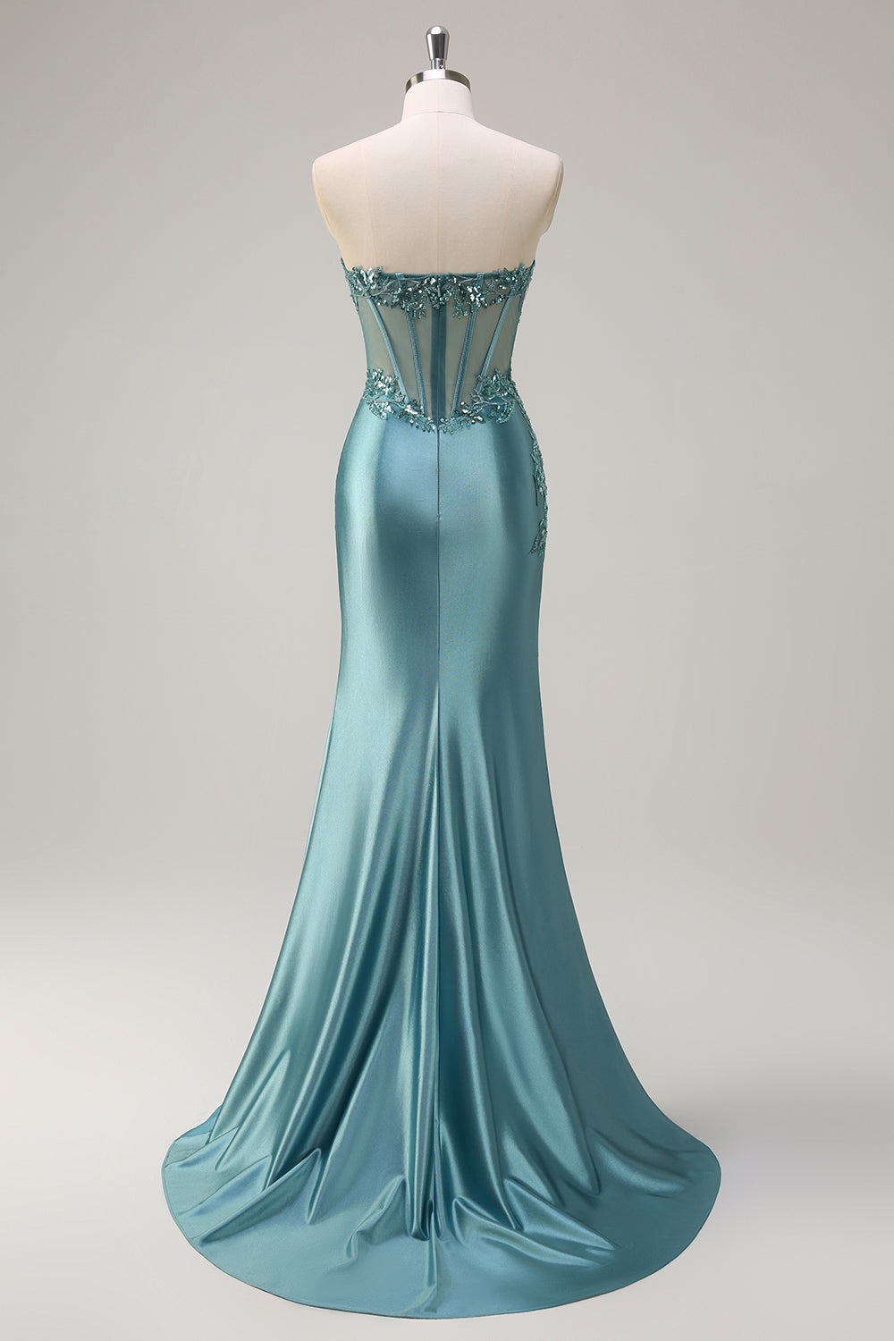 Sparkly Grey Green Mermaid Strapless Sheer Corset Satin Long Formal Dress with Slit