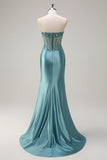 Sparkly Grey Green Mermaid Strapless Sheer Corset Satin Long Formal Dress with Slit