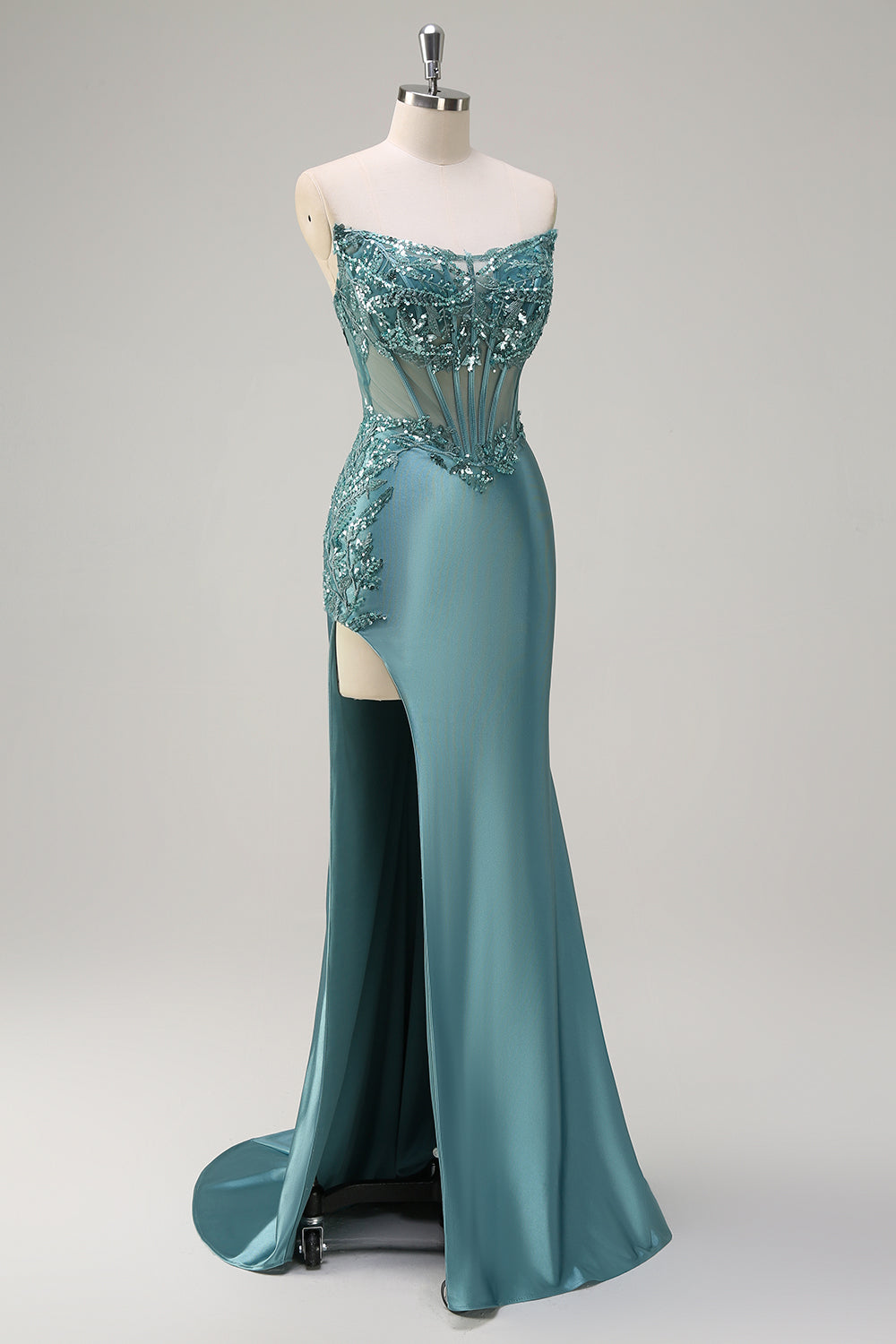 Sparkly Grey Green Mermaid Strapless Sheer Corset Satin Long Formal Dress with Slit