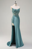 Sparkly Grey Green Mermaid Strapless Sheer Corset Satin Long Formal Dress with Slit