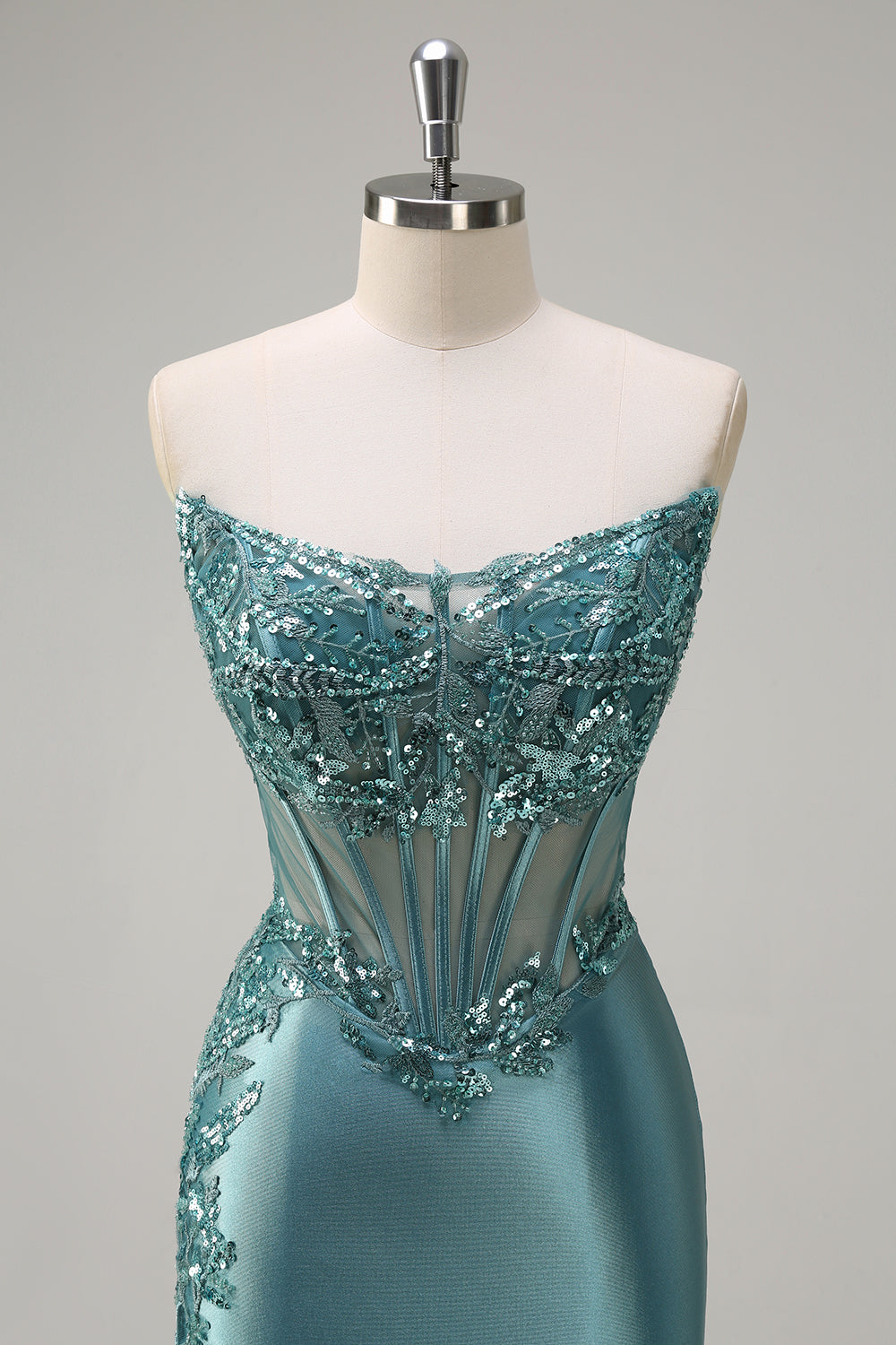 Sparkly Grey Green Mermaid Strapless Sheer Corset Satin Long Formal Dress with Slit