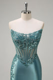 Sparkly Grey Green Mermaid Strapless Sheer Corset Satin Long Formal Dress with Slit