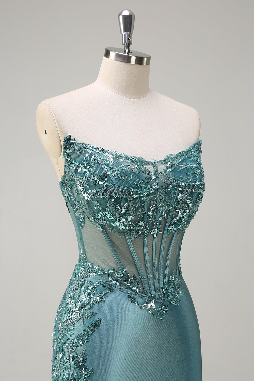 Sparkly Grey Green Mermaid Strapless Sheer Corset Satin Long Formal Dress with Slit