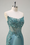 Sparkly Grey Green Mermaid Strapless Sheer Corset Satin Long Formal Dress with Slit