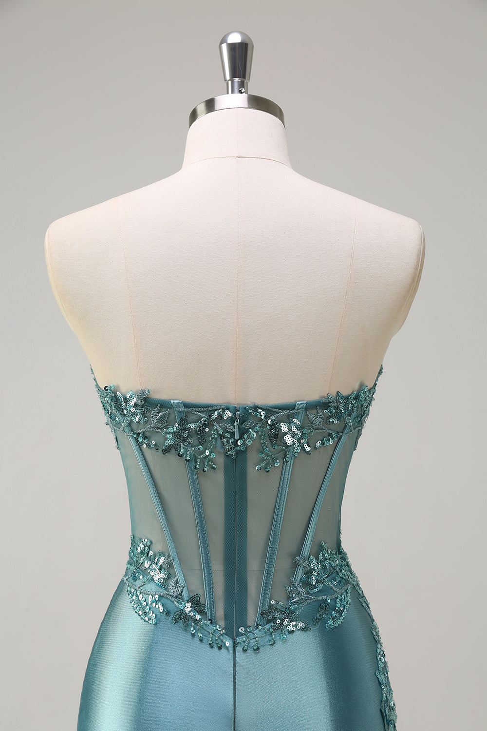 Sparkly Grey Green Mermaid Strapless Sheer Corset Satin Long Formal Dress with Slit