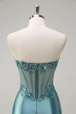 Sparkly Grey Green Mermaid Strapless Sheer Corset Satin Long Formal Dress with Slit