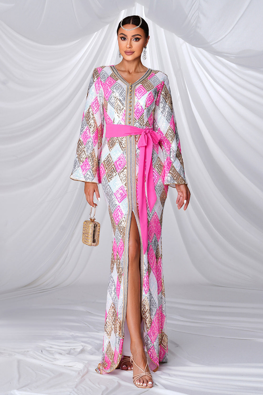 Pink Mermaid V Neck Long Sleeves Formal Dress with Slit