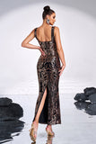 Black Golden Print Sequins Mermaid Square Neck Long Formal Dress