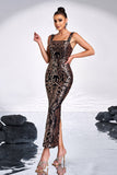 Black Golden Print Sequins Mermaid Square Neck Long Formal Dress