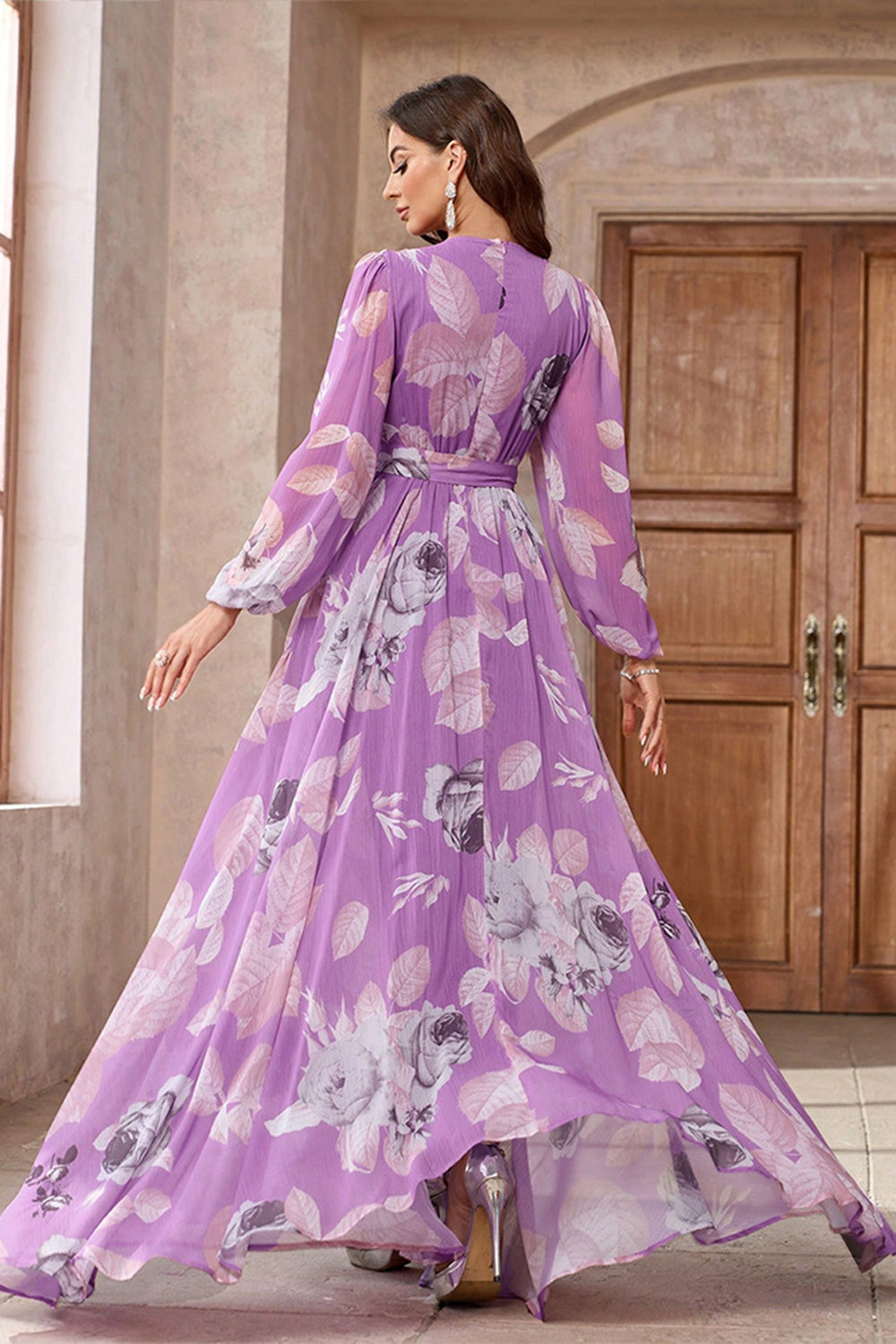 Purple Floral Printed Chiffon A-Line V-neck Long Sleeves Long Formal Dress