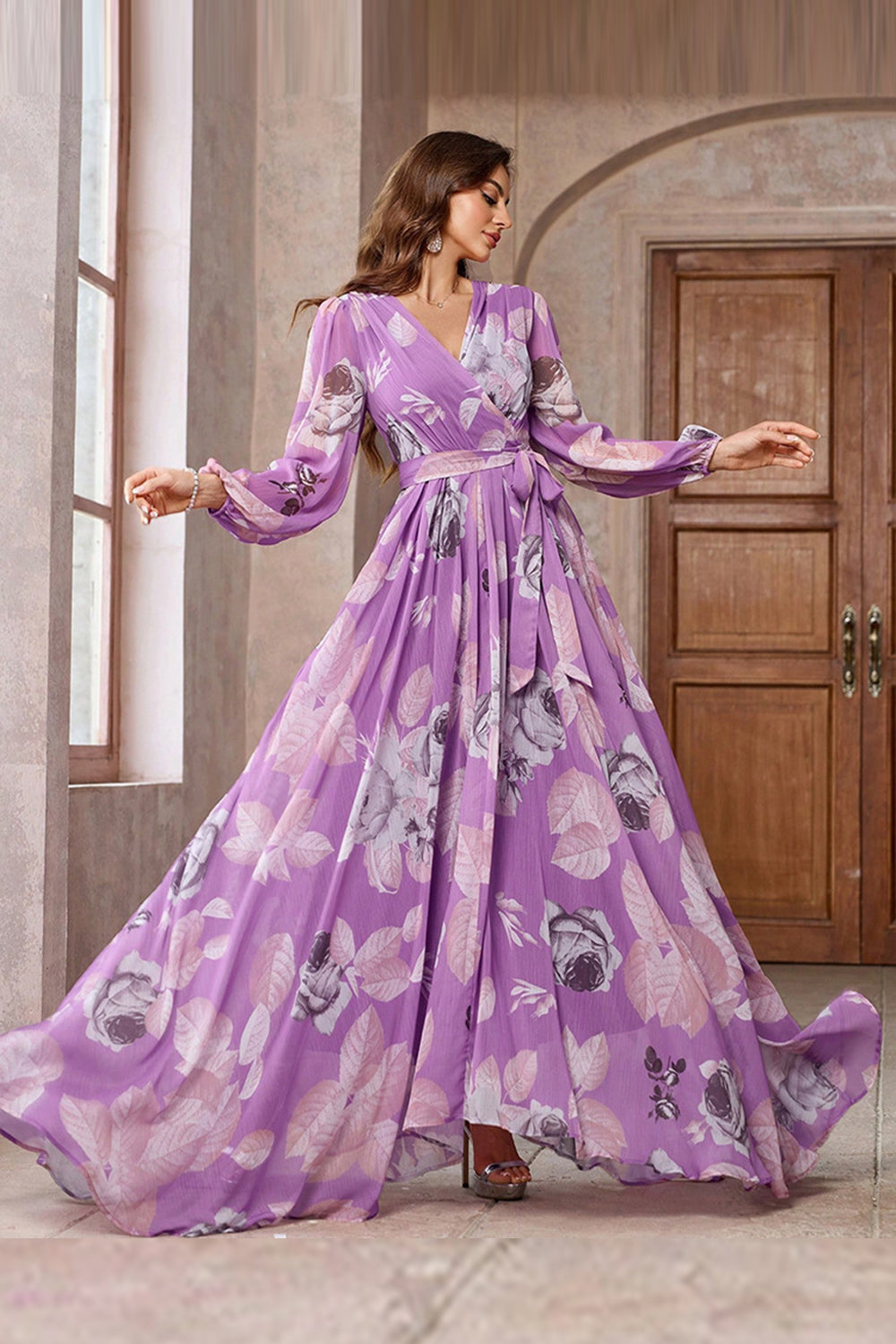 Purple Floral Printed Chiffon A-Line V-neck Long Sleeves Long Formal Dress