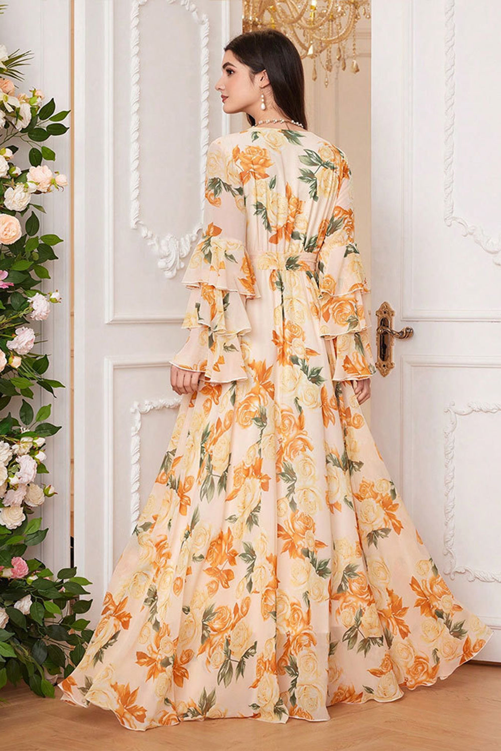 Yellow Floral Chiffon A-Line V-neck Long Sleeves Long Prom Dress