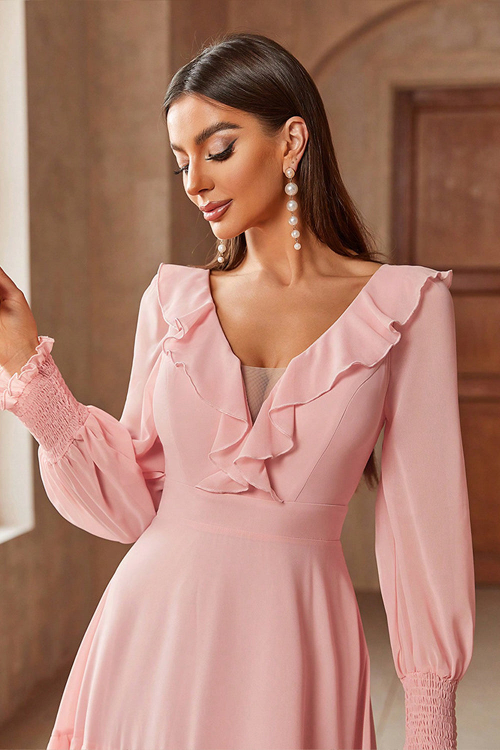 Pink Chiffon V-neck Long Sleeves A-Line Tiered Long Formal Dress