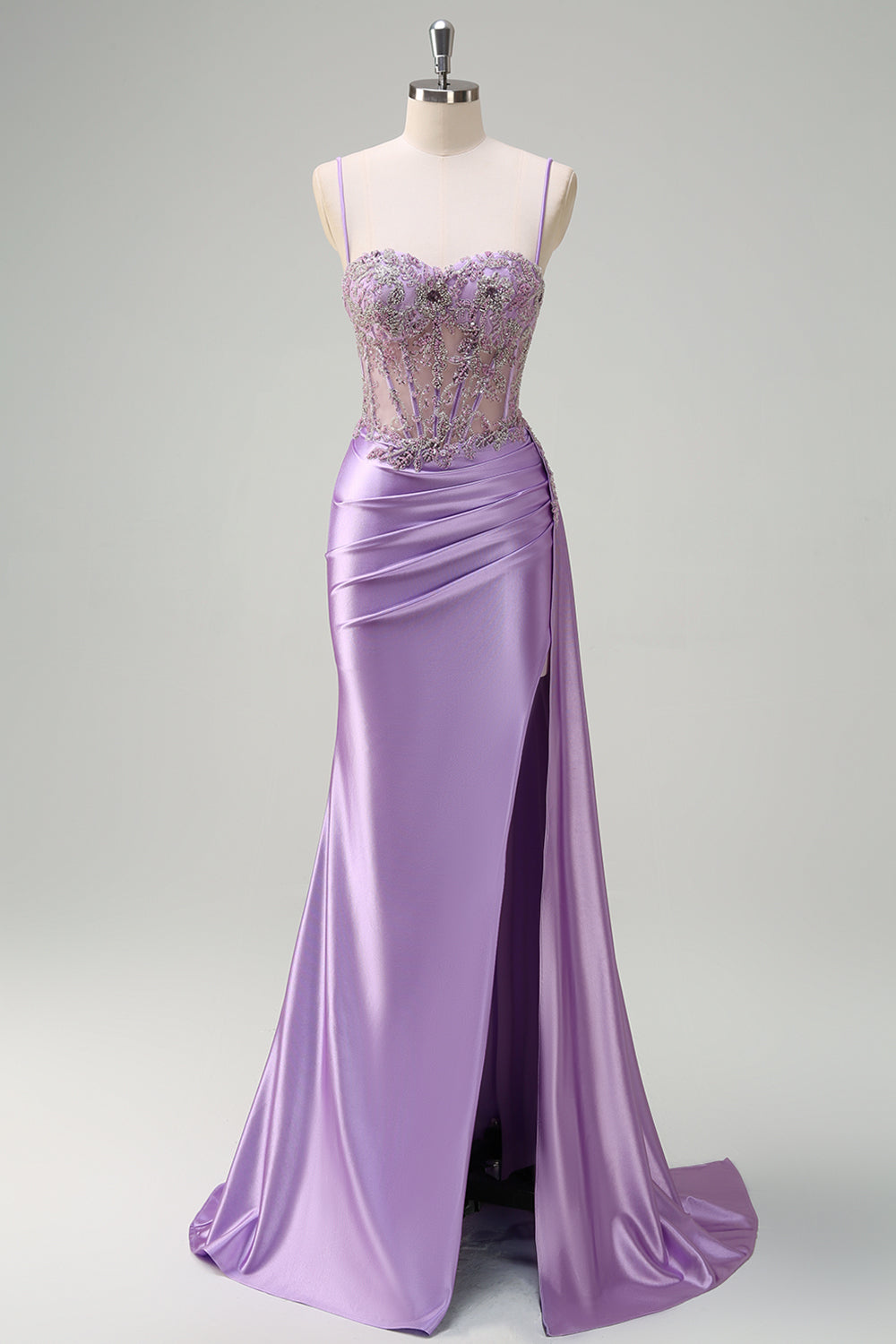 Sparkly Purple Mermaid Watteau Train Sheer Ruched Corset Long Formal Dress with Slit