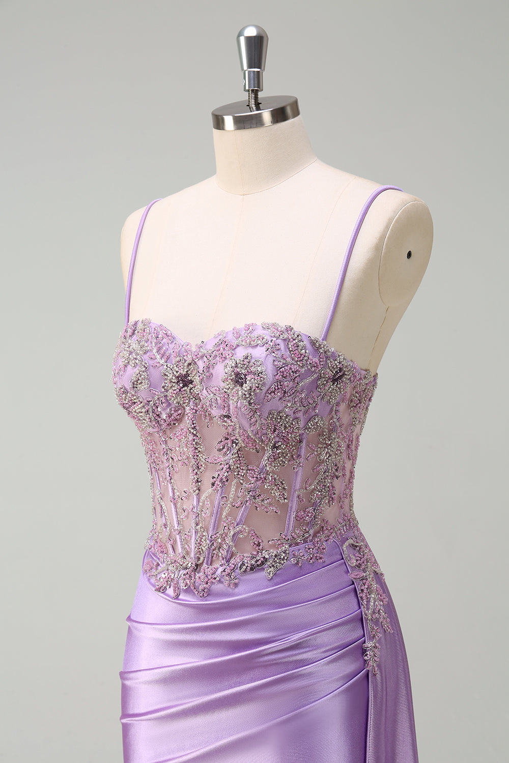 Sparkly Purple Mermaid Watteau Train Sheer Ruched Corset Long Formal Dress with Slit