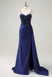 Navy Mermaid Spaghetti Straps Ruched Streamer Long Formal Dress with Lace