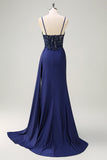 Navy Mermaid Spaghetti Straps Ruched Streamer Long Formal Dress with Lace