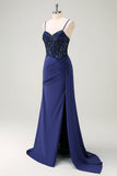 Navy Mermaid Spaghetti Straps Ruched Streamer Long Formal Dress with Lace