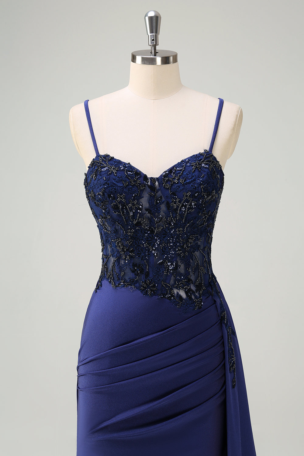 Navy Mermaid Spaghetti Straps Ruched Streamer Long Formal Dress with Lace