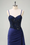 Navy Mermaid Spaghetti Straps Ruched Streamer Long Formal Dress with Lace