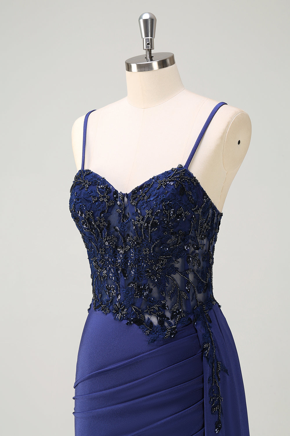 Navy Mermaid Spaghetti Straps Ruched Streamer Long Formal Dress with Lace