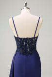 Navy Mermaid Spaghetti Straps Ruched Streamer Long Formal Dress with Lace