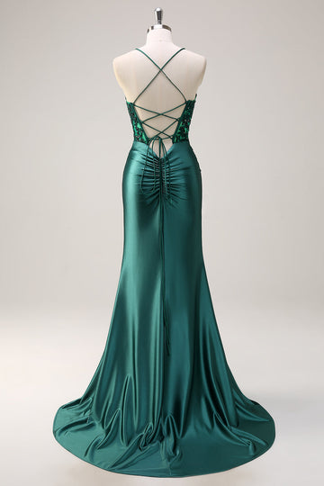 Sparkly Dark Green Mermaid Halter Corset Long Formal Dress With Slit
